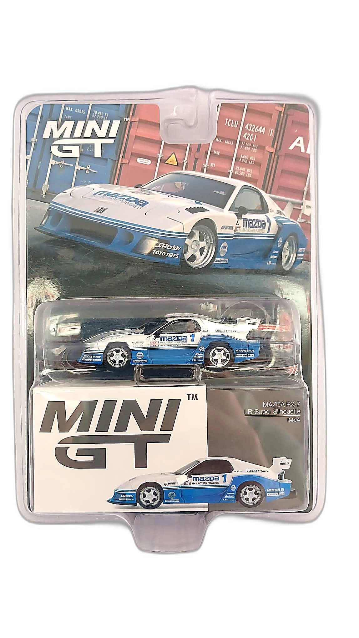 MINI GT — Mazda RX-7 LB-Super Silhouette IMSA (1/64 Ölçek, Beyaz/Mavi Mazda Livery)