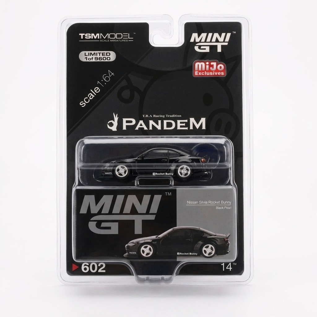 MINI GT (MiJo Exclusives) — Nissan Silvia Rocket Bunny (Pandem #602, 1/64 Ölçek, Black Pearl, 1/9600 Adet Limitli Üretim)