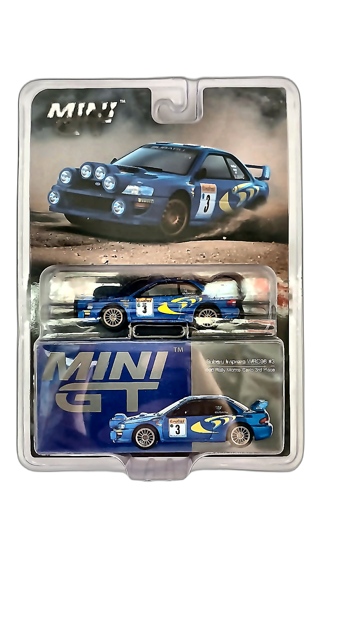 MINI GT — Subaru Impreza WRC98 #3 (1/64 Ölçek, 1998 Rally Monte-Carlo 3.lük Derecesi)